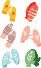 Set of knitted bright woolen mittens winter vector