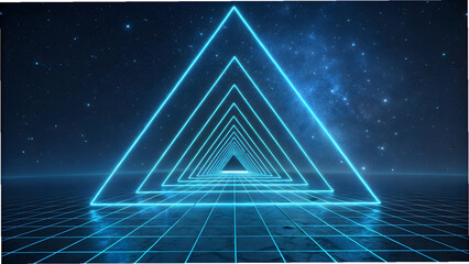 Neon blue triangular tunnel receding into starry night sky with grid floor full hd 4k stock image download
