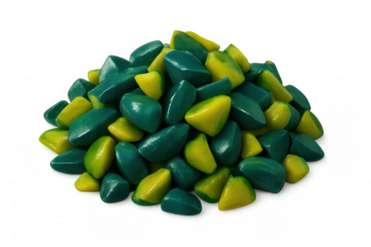 Small, colorful, triangular candies forming a pile, isolated on a transparent background, ready for compositing