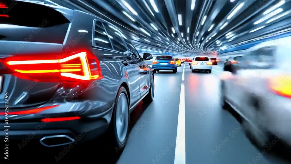 Poster traffic moving swiftly through a brightly lit tunnel during rush hour in an urban setting