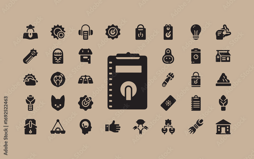Poster collection of black icons representing various concepts on a beige background