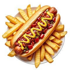 Delicious Hot Dog with Chili Sauce  Melted Cheese  and Golden Fries, Generative AI