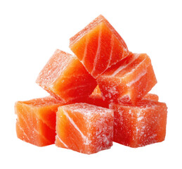 Frozen salmon cubes for cooking culinary use kitchen isolated on transparent background