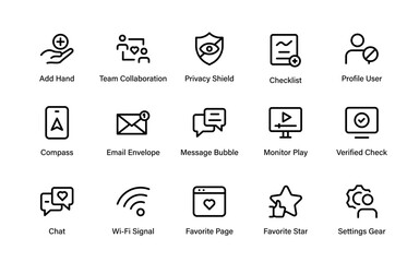 Modern Professional Social Media Communication Line Icon Set Featuring Minimal Outline Vector Style for Creative Digital Graphic Assets
