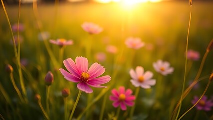 A vibrant cosmos flower blooming in a sunlit green field, radiating natural beauty and tranquility.