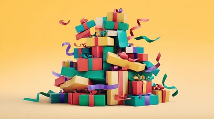 Obraz premium A joyful pile of colorful gift boxes tied with playful ribbons, evoking childhood excitement and wonder.