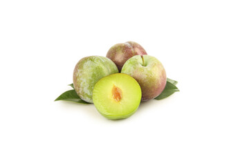 Fresh Sichuan Plums from China - Crisp May Harvest Stone Fruit with Green Leaves on White Background