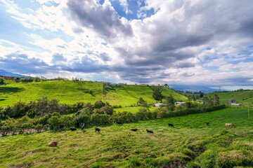 Obraz premium Piscicultura El Volcán, Reserva Chakana- Hacienda Antisanilla, Mirador Flujo de lava Antisanilla, lLandscape in Ecuador Andes