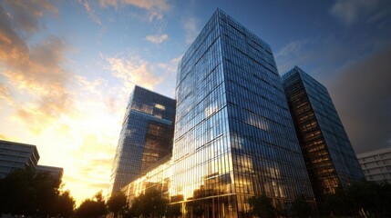 The golden light of sunrise spills between tall glass buildings, its reflection adding a peaceful strength to the modern urban skyline.