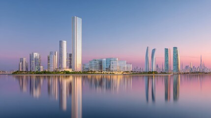 Fototapeta premium The golden light of sunrise spills between tall glass buildings, its reflection adding a peaceful strength to the modern urban skyline.