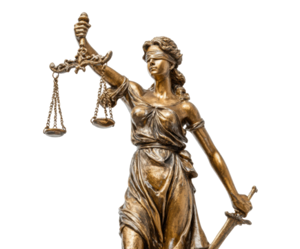 Justice statue symbolizing law and order in public space environment isolated on transparent background