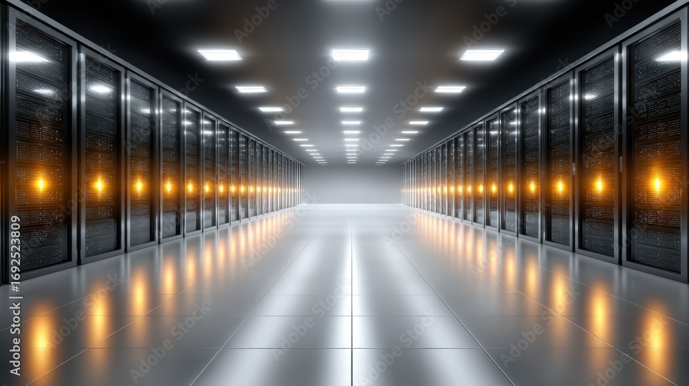 Poster exploring the digital heart, a journey through corridor of powerful servers and data infrastructure