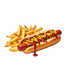 Delicious Hot Dog with Chili Sauce  Melted Cheese  and Golden Fries, Generative AI
