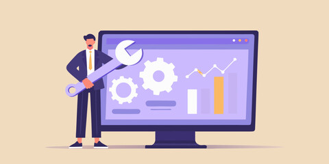 Businessman holding a large wrench in front of a computer screen displaying charts and gears