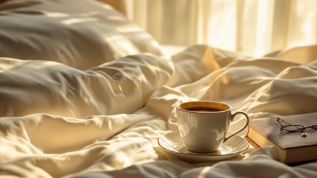 Cozy morning routine with a warm cup of coffee and a good book in a sunlit bed, representing a slow and peaceful lifestyle concept