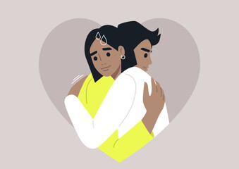 Two figures express vulnerability and support while hugging, symbolizing the challenges and warmth found in relationships characterized by insecurities and emotional trauma