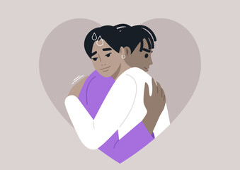 Two figures express vulnerability and support while hugging, symbolizing the challenges and warmth found in relationships characterized by insecurities and emotional trauma