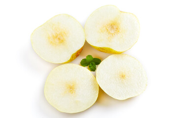 Fresh White Pear Slices with Mint on White Background - Healthy Fruit Food Photography