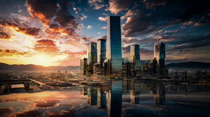 Naklejka premium The golden light of sunrise spills between tall glass buildings, its reflection adding a peaceful strength to the modern urban skyline.