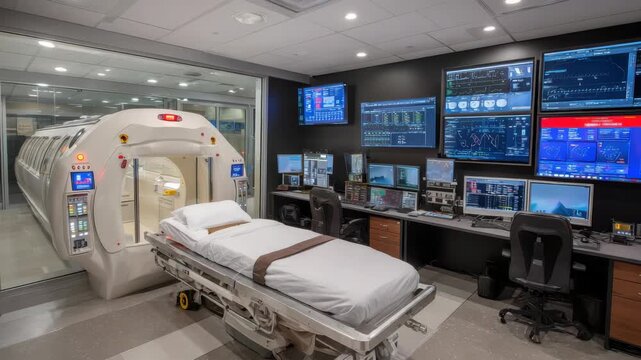 Hyperbaric Chamber Room with Medical Equipment and Multiple Computer Monitors on Black Wall and Bed Near Window with Modern Interior