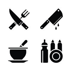 Fototapeta premium Four black kitchen utensil icons including crossed knife and fork cleaver with drips mortar and pestle and sauce bottles