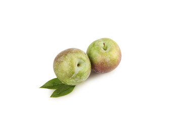 Fresh Green Plums with Leaves on White Background - Healthy Organic Stone Fruit