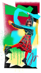 Bold colorful poster. Female model jumping in red tartan skirt with graffiti art inspired...