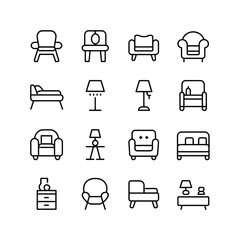 Set of 12 furniture and lighting icons for home decor and interior design projects silhouette vector illustration white background