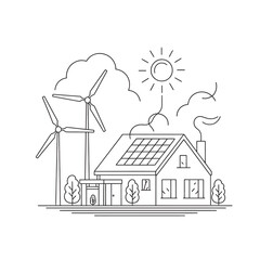 Minimalist line art house with solar panels wind turbine sun and trees sustainable energy concept silhouette vector illustration white background
