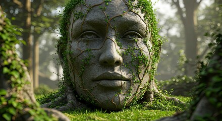 Obraz premium Stone Face, Enveloped by Verdant Vines, in a Misty Forest