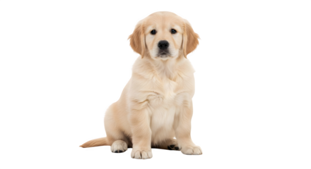 Adorable golden retriever puppy sitting and looking at the camera with curiosity.