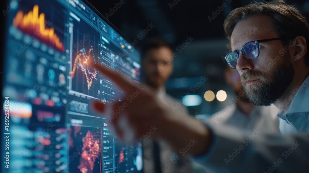 Poster closeup medium shot of a professional pointing to anomaly alerts on a glowing ai dashboard with othe