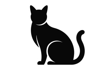 Striking black silhouette of a sitting cat with curled tail graceful animal silhouette vector illustration white background