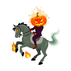 Vector art of headless horseman riding a horse with flames halloween character illustration