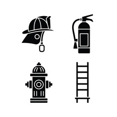 Firefighter equipment silhouettes set including helmet hydrant extinguisher and ladder icons silhouette vector illustration white background