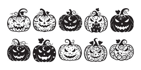 Collection of 10 Spooky Halloween Pumpkin Silhouette Designs Vector Illustration - Halloween Vector Art