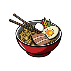 Delicious steaming bowl of ramen noodles with tender pork slices and a perfectly cooked egg illustration