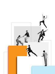 Colorful composition. Businesspeople helping each other climb colorful abstract blocks. Concept of teamwork, leadership, unity, career path, and emotional trust.