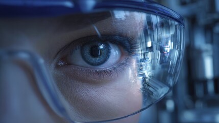 Focused shot of a technicians eye through protective glasses inspecting cold aisle sensors with surrounding equipment blurred out for detail emphasis.