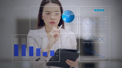 Asian businesswoman using stylus and tablet to analyze business performance via virtual dashboard with charts and globe. Concept of data strategy and global analytics.