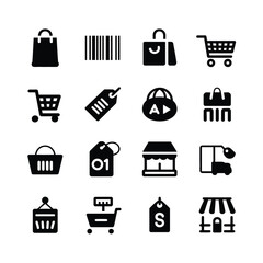 Set of 12 retail and shopping icons for online stores and e-commerce businesses silhouette vector illustration white background