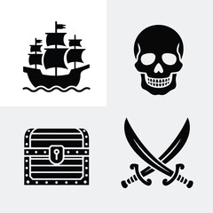 Pirate ship skull treasure chest crossed swords minimalist icon set silhouette vector illustration white background