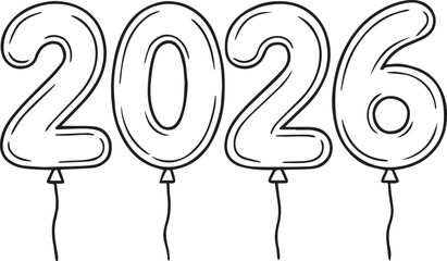 New Year Celebration 2026: A black and white illustration of the year 2026, stylized as celebratory balloons, ready for a new year's occasion.