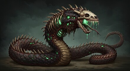 Obraz premium Undead Serpent: Skeletal Snake with Glowing Eyes and Toxic Slime