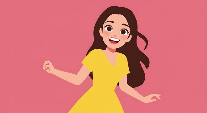 Happy Woman in Yellow Dress Cartoon Illustration.