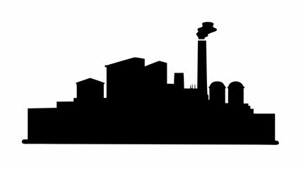 Fototapeta premium Silhouette of a factory with a tall smokestack emitting smoke against a white background in a simple style
