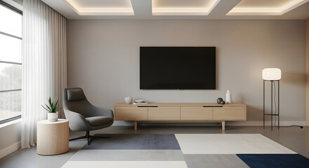 Spacious Modern Living Room Minimalist Neutral Design Elegant Furniture Bright Window Warm Lighting