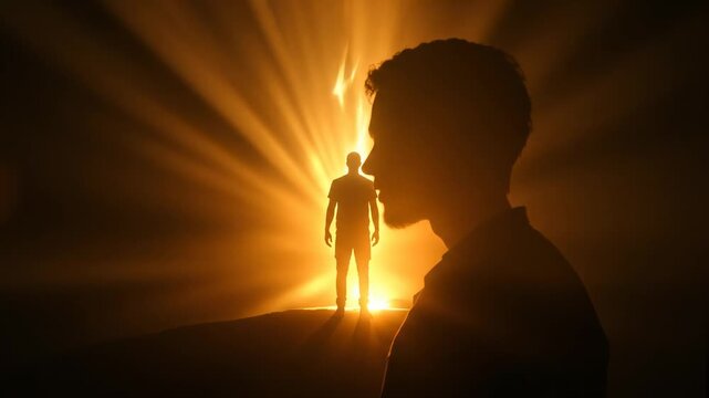 Silhouette of a man facing a luminous human figure, symbolizing an encounter with the inner self, a higher power, or the future
