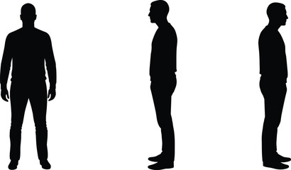 Silhouette of man standing front and side views, black figure, isolated on white background, male profile, full body poses vector © Maisa