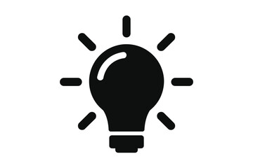 Simple black and white icon design of a glowing light bulb representing ideas and innovation silhouette vector illustration white background